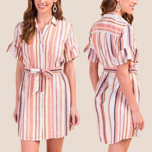 Harper Heritage Medium Cream Pink Button Up Shirt Dress Ruffle Sleeve Striped - Picture 1 of 13